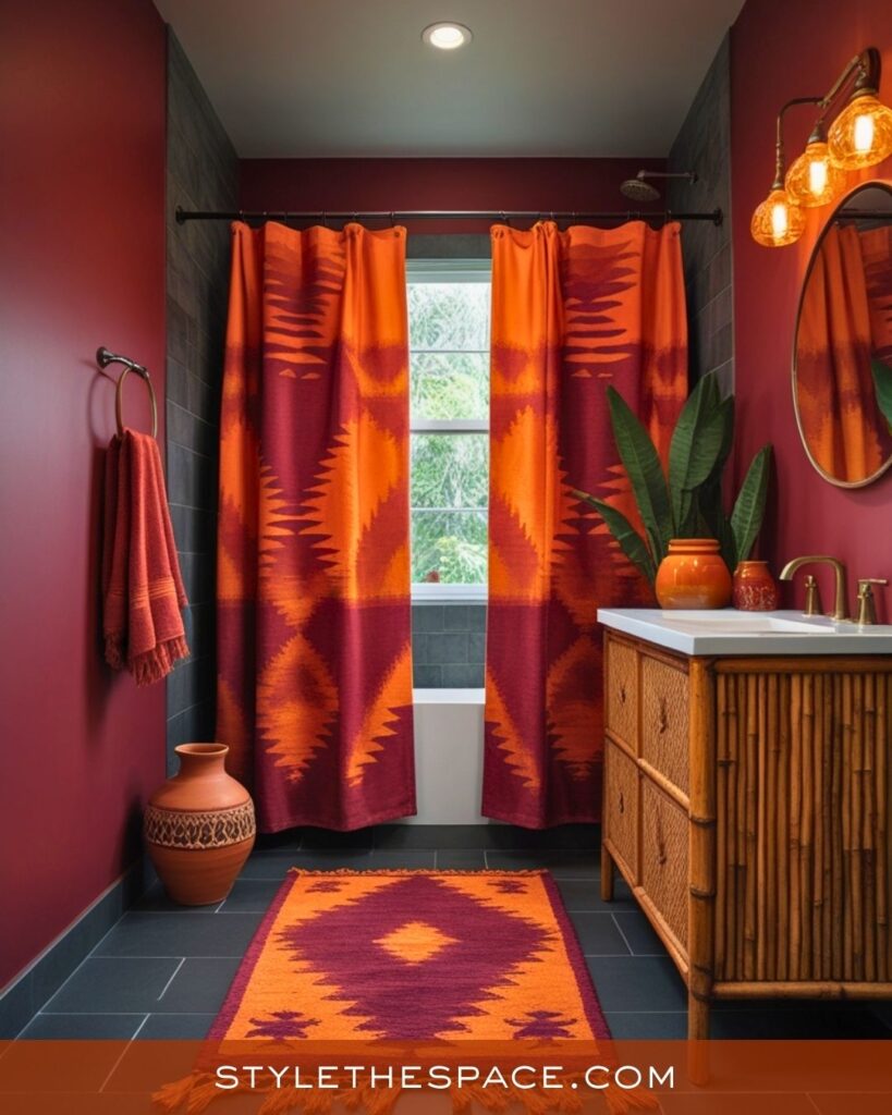 Warm Burnt Orange and Burgundy Bathroom