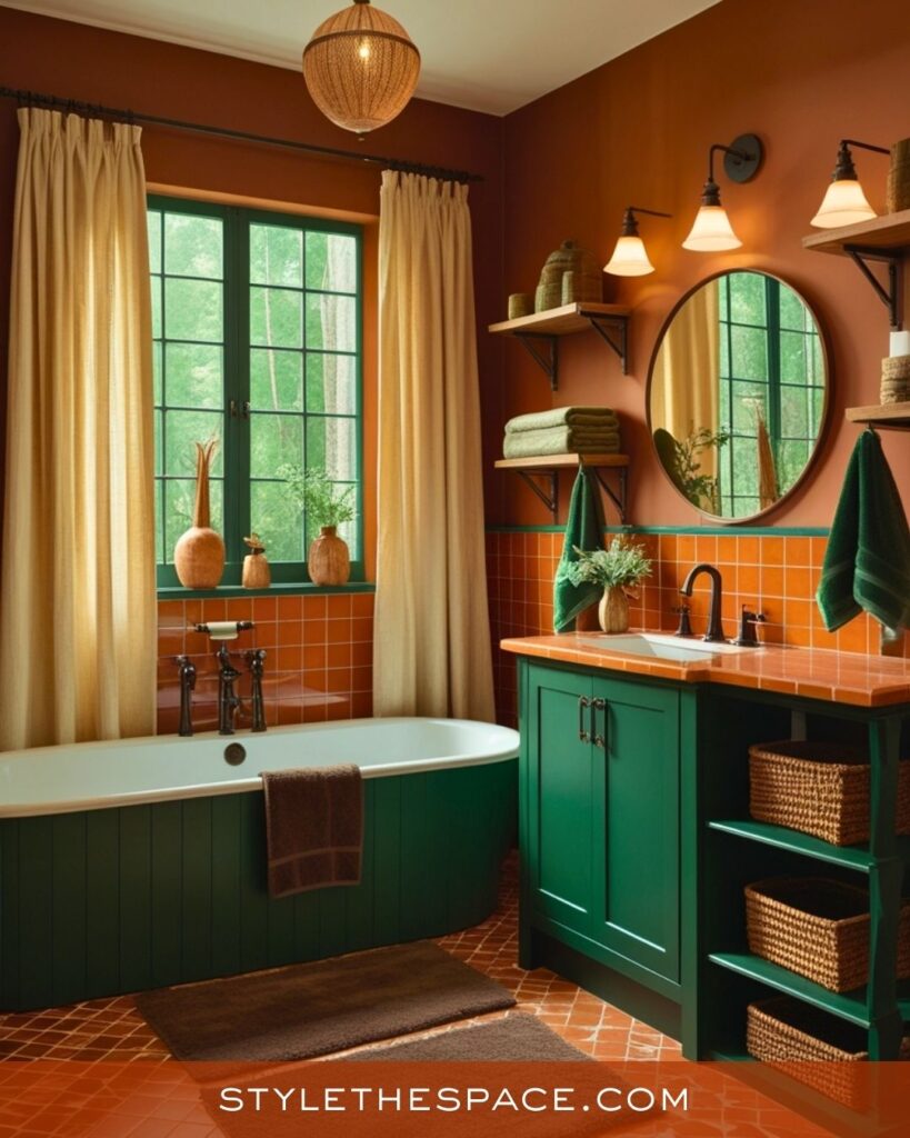 Cozy Burnt Orange and Forest Green Bathroom