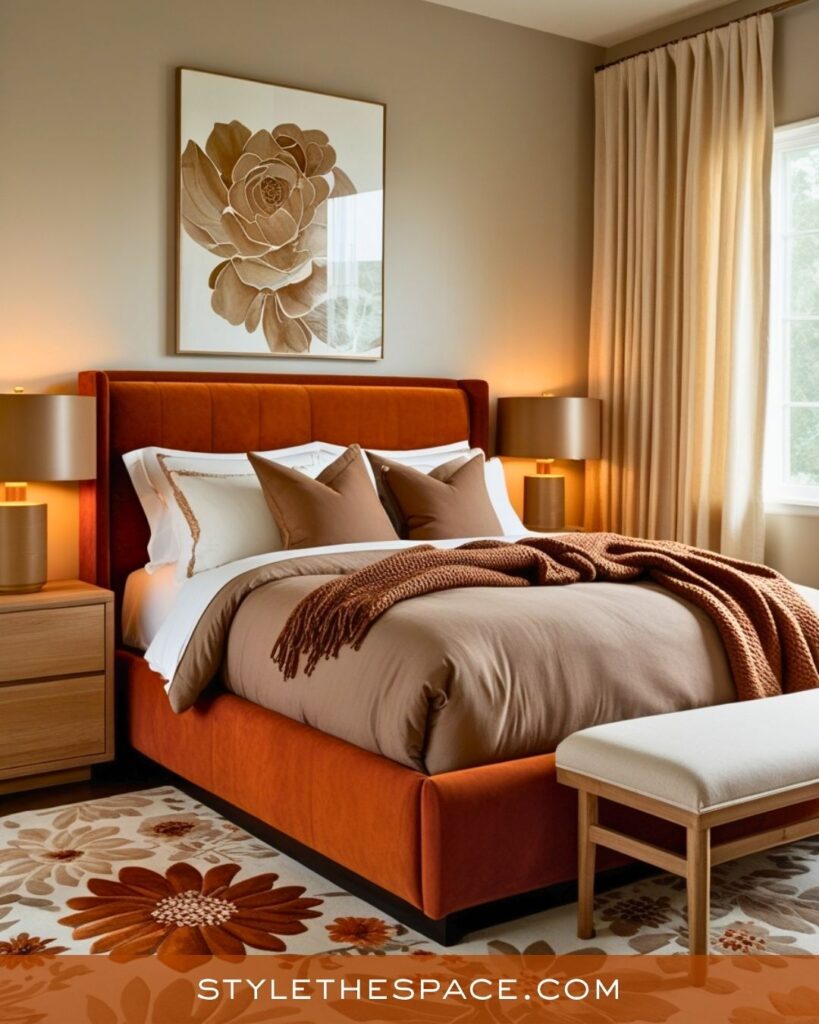 Cozy Burnt Orange and Taupe Bedroom Style