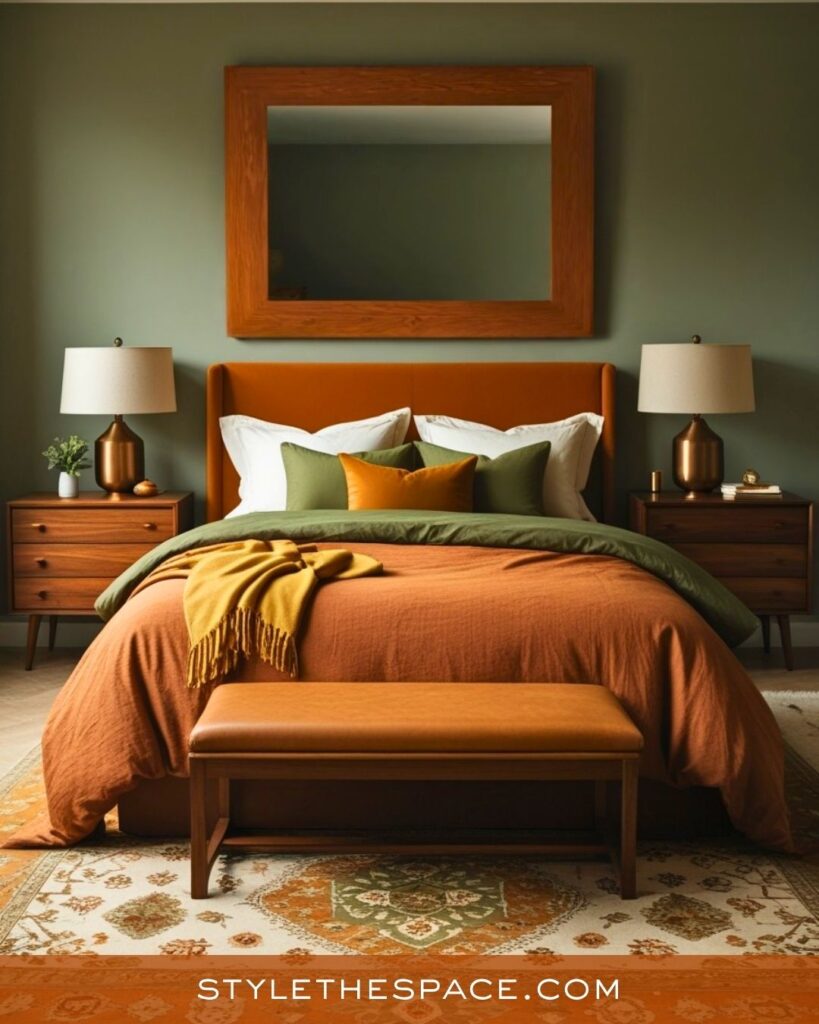 Earthy Burnt Orange and Olive Green Bedroom Style