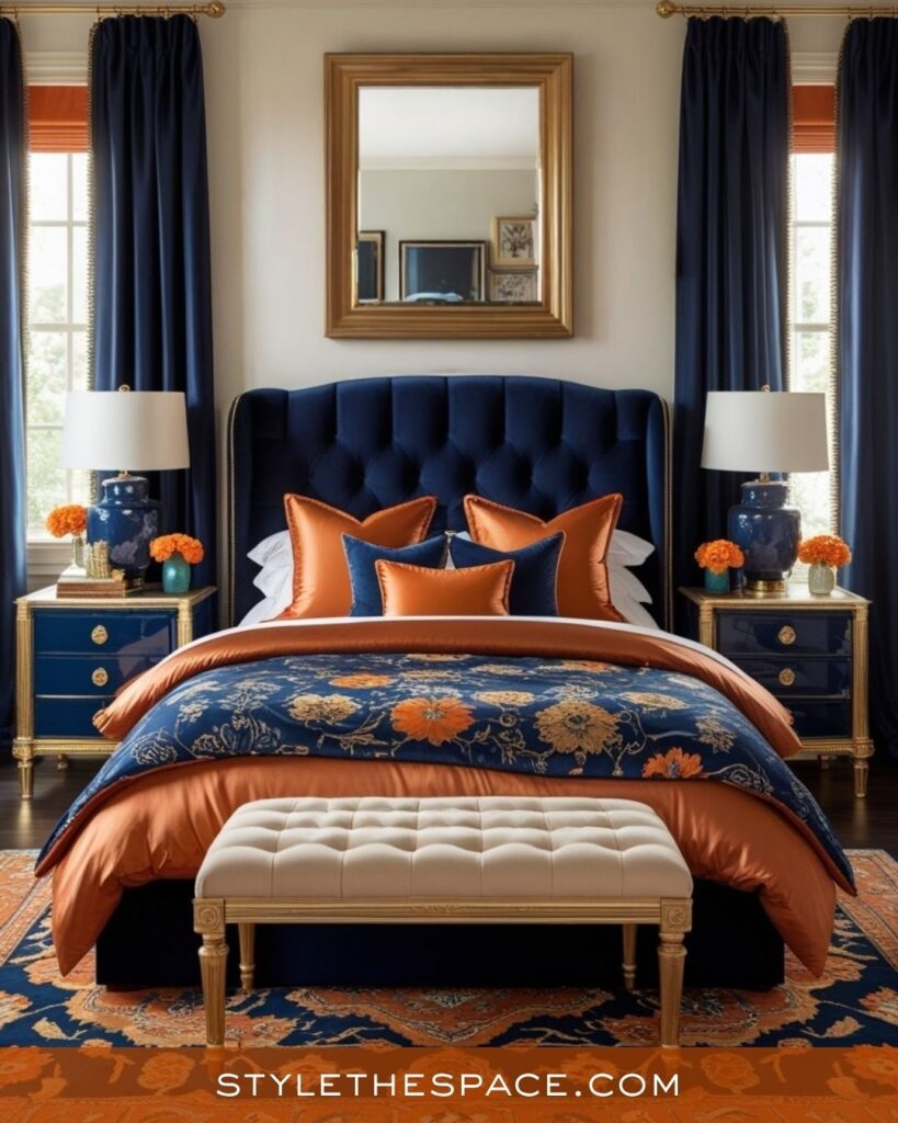 Luxurious Burnt Orange and Navy Blue Bedroom Style