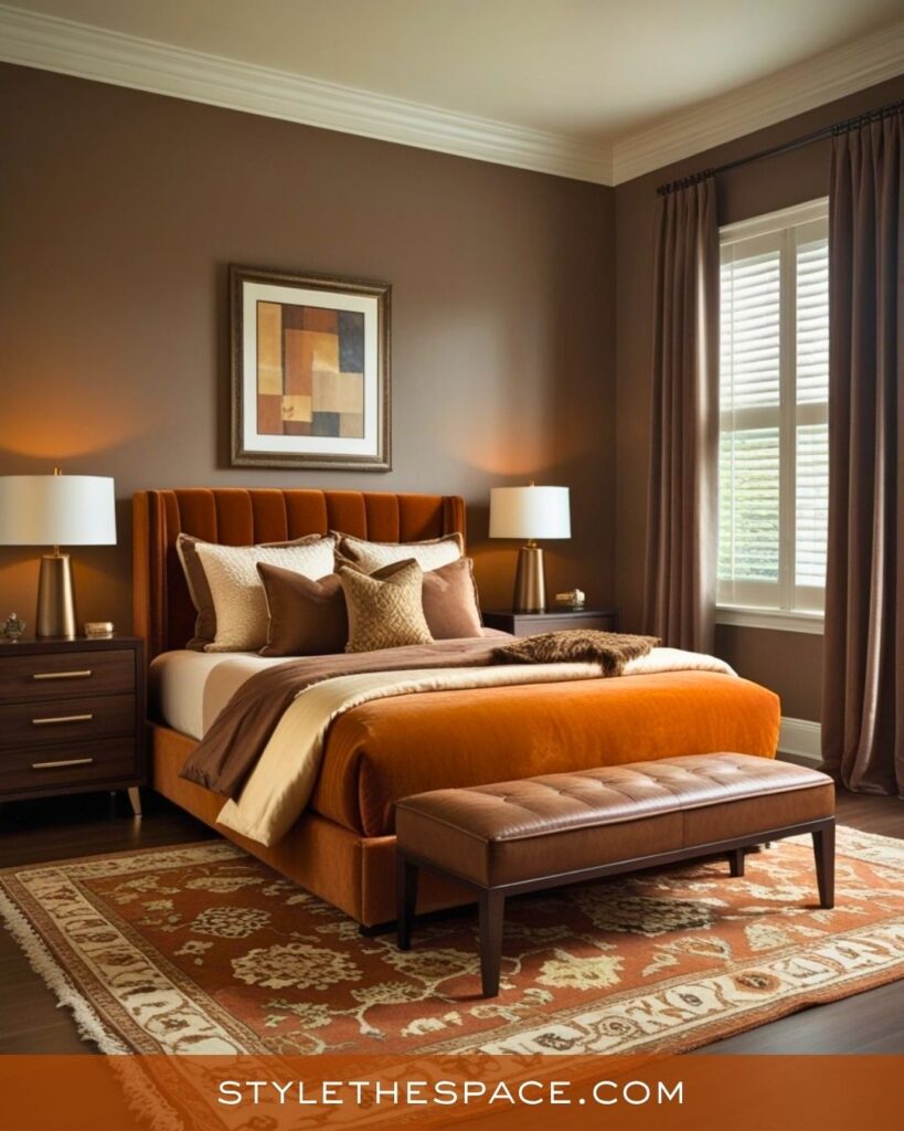 Warm Burnt Orange Bedroom With Rich Brown Accents