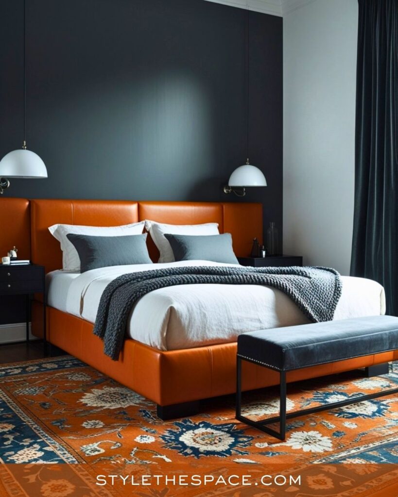 Modern Burnt Orange Bedroom With Deep Charcoal Contrast