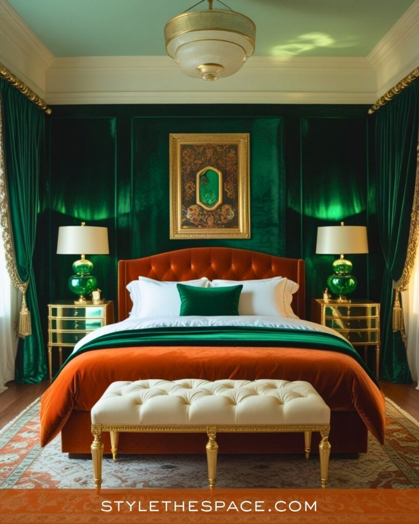 Glam Burnt Orange and Emerald Green Bedroom Style