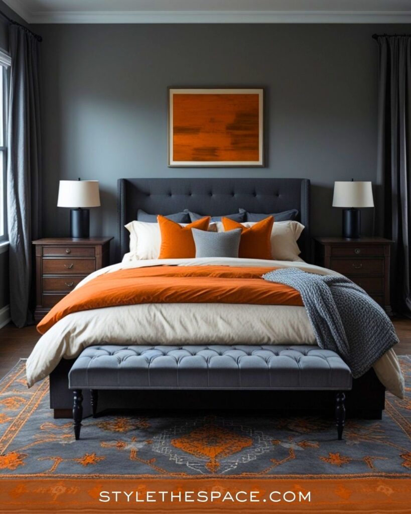 Sophisticated Burnt Orange and Gray Bedroom Design