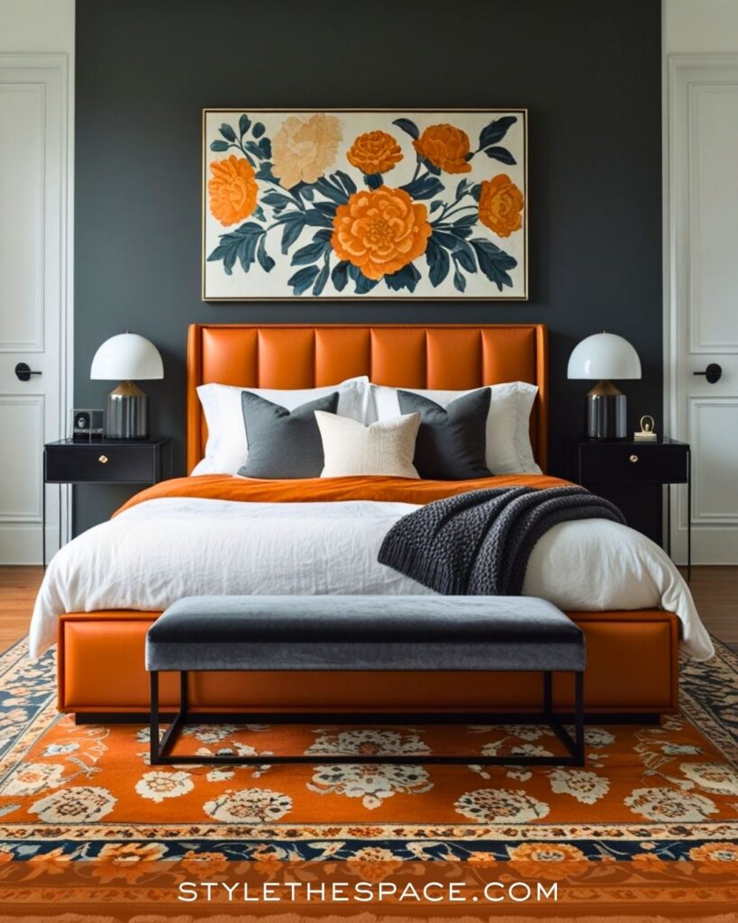 Elegant Burnt Orange Bedroom With Bold Contrast