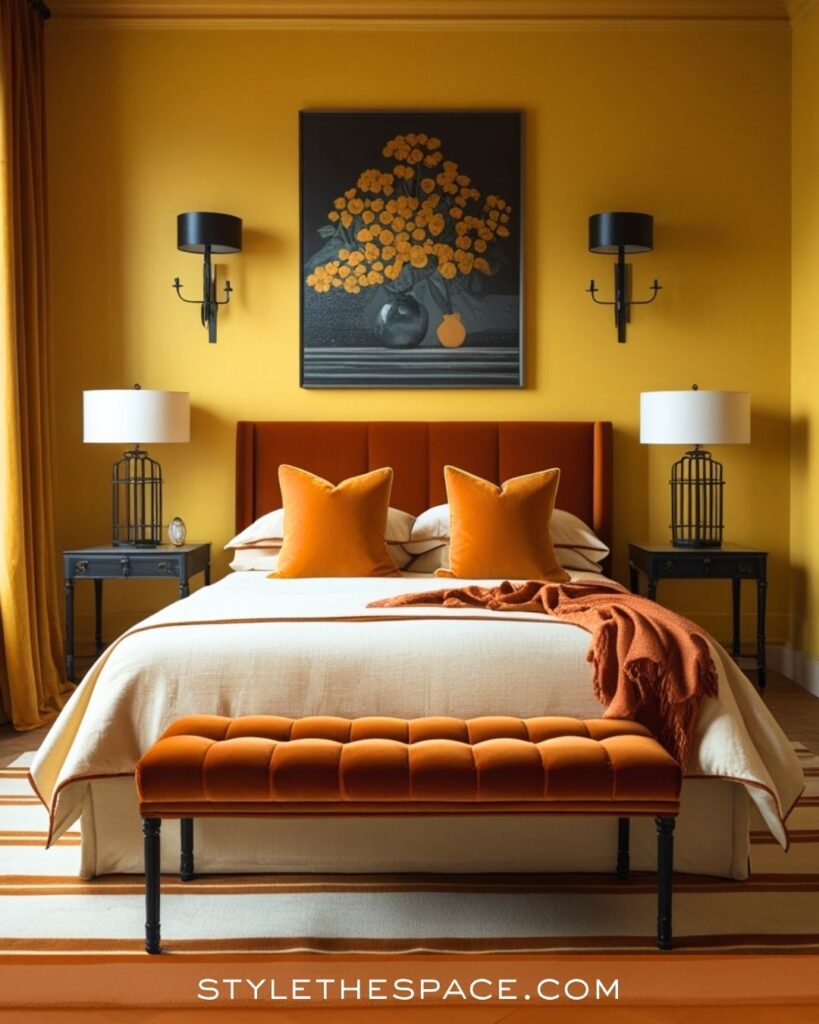 Bold Burnt Orange and Mustard Yellow Bedroom Style