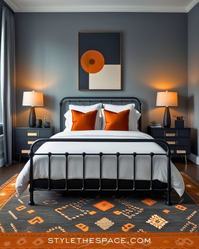 Sleek Burnt Orange and Charcoal Bedroom Design