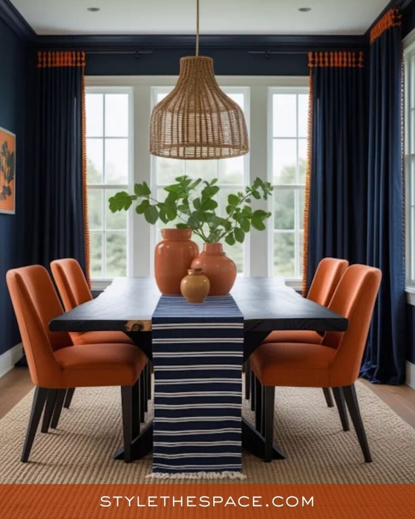Bold Burnt Orange and Navy Dining Room
