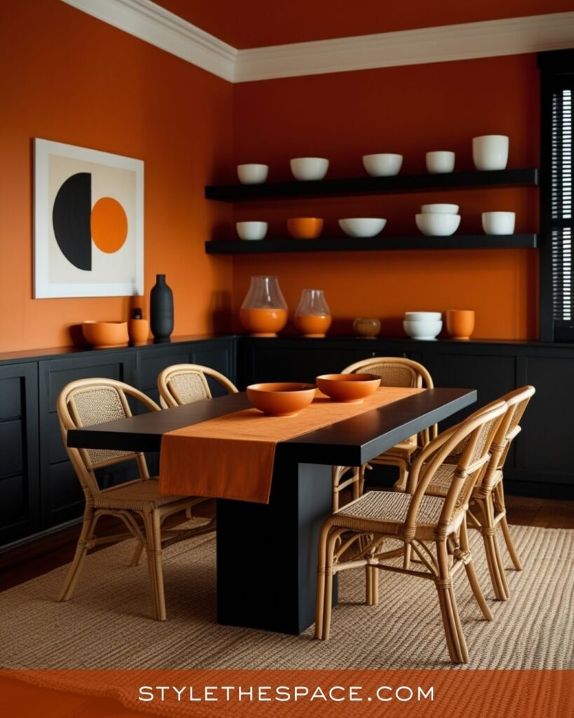 Modern Burnt Orange and Black Dining Room Decor