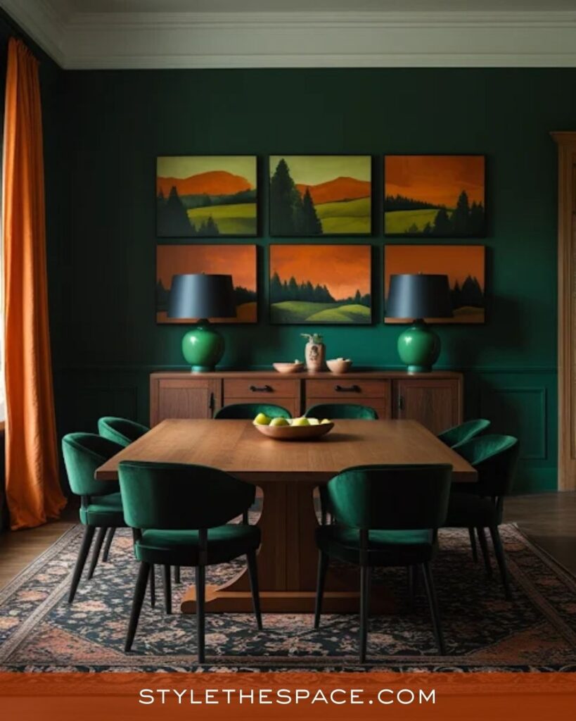 Moody Burnt Orange and Deep Green Dining Room