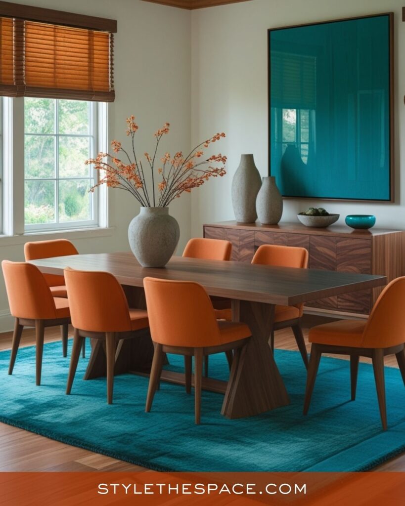 Bright Burnt Orange and Teal Dining Room Style