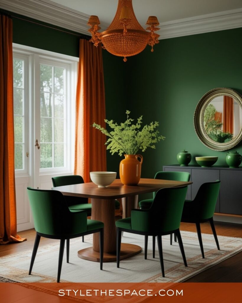 Elegant Burnt Orange and Deep Green Dining Room