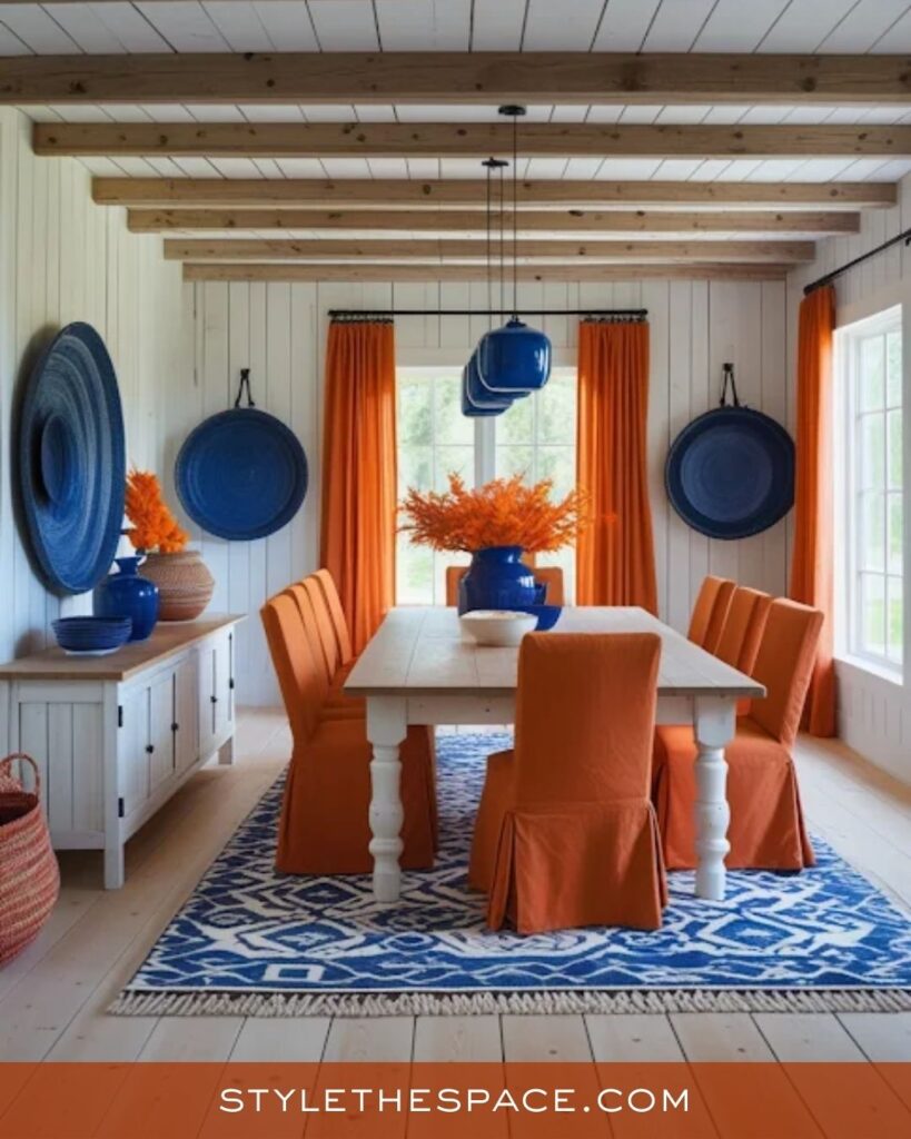 Bright Burnt Orange and Blue Coastal Dining Room