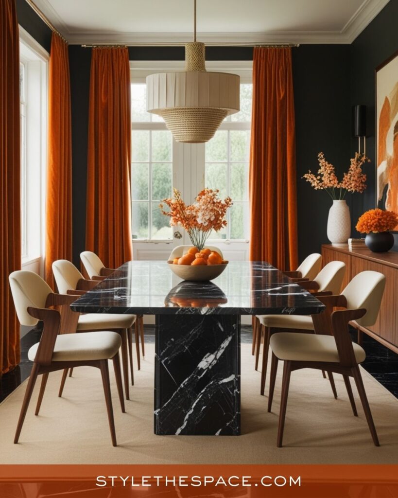 Modern Burnt Orange and Black Marble Dining Room