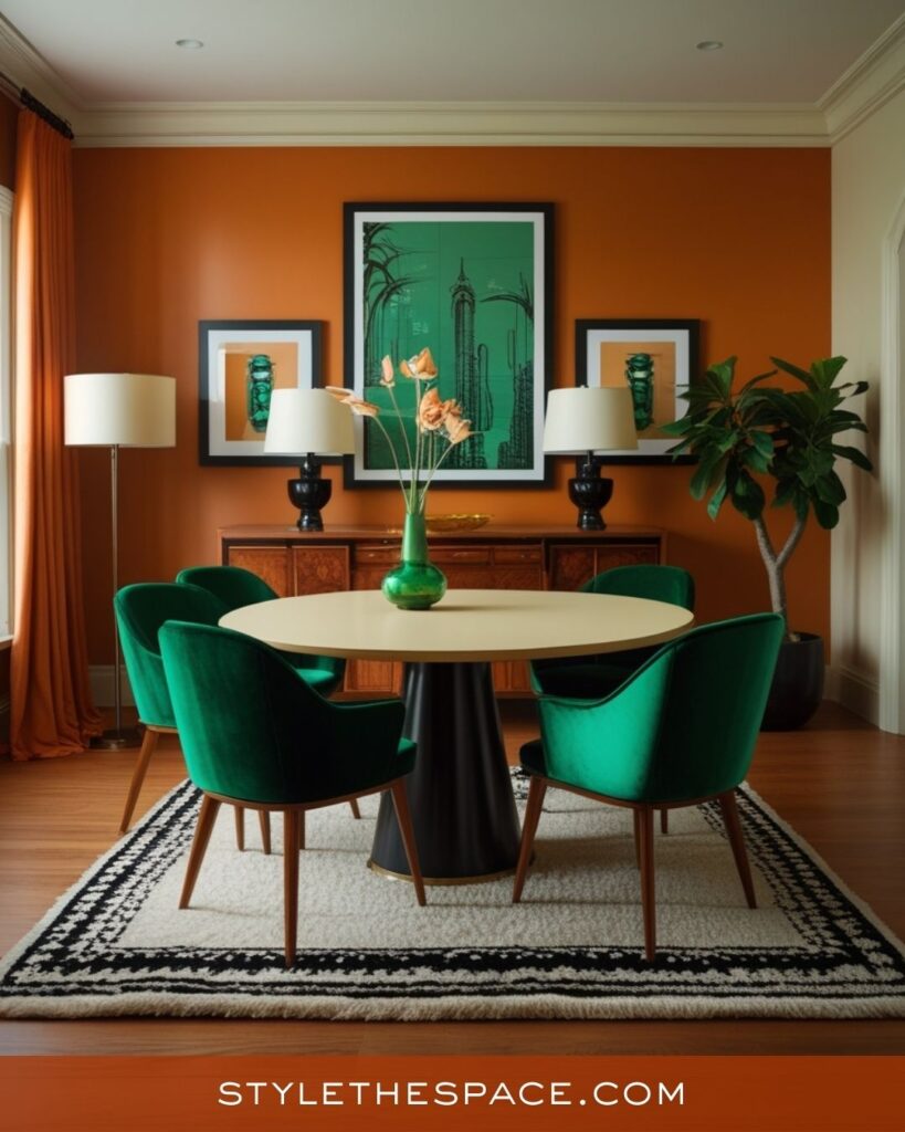 Vibrant Burnt Orange and Emerald Dining Room