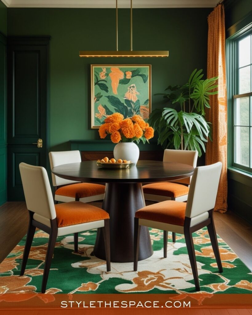 Rich Green and Burnt Orange Dining Room Style