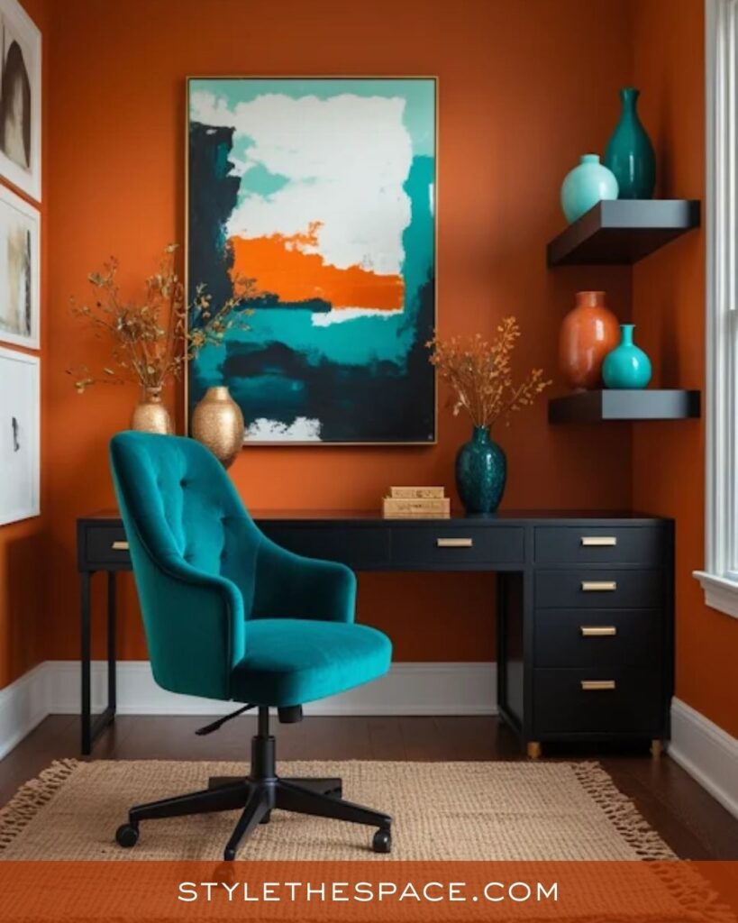 Bold Burnt Orange Office With Teal Accents