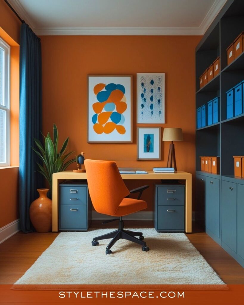 Bright Burnt Orange and Blue Home Office Style