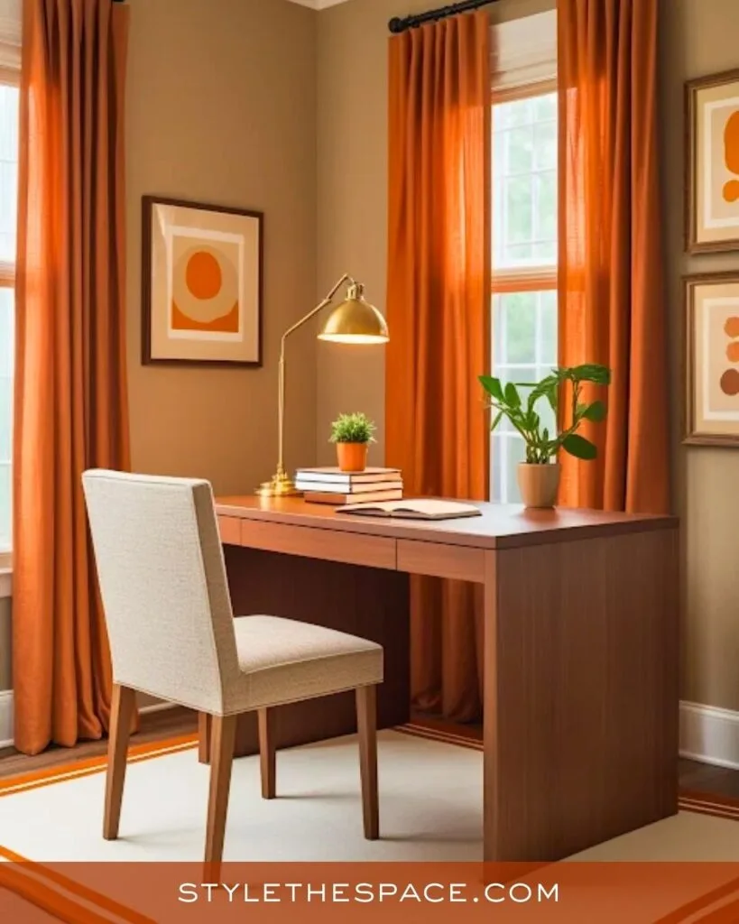 Cozy Burnt Orange Office With Warm Wood Tones