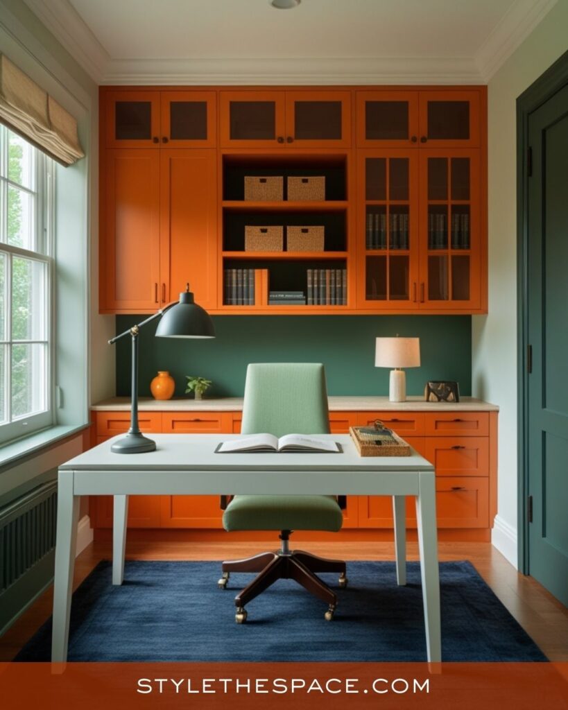 Bright Burnt Orange and Sage Green Office Design