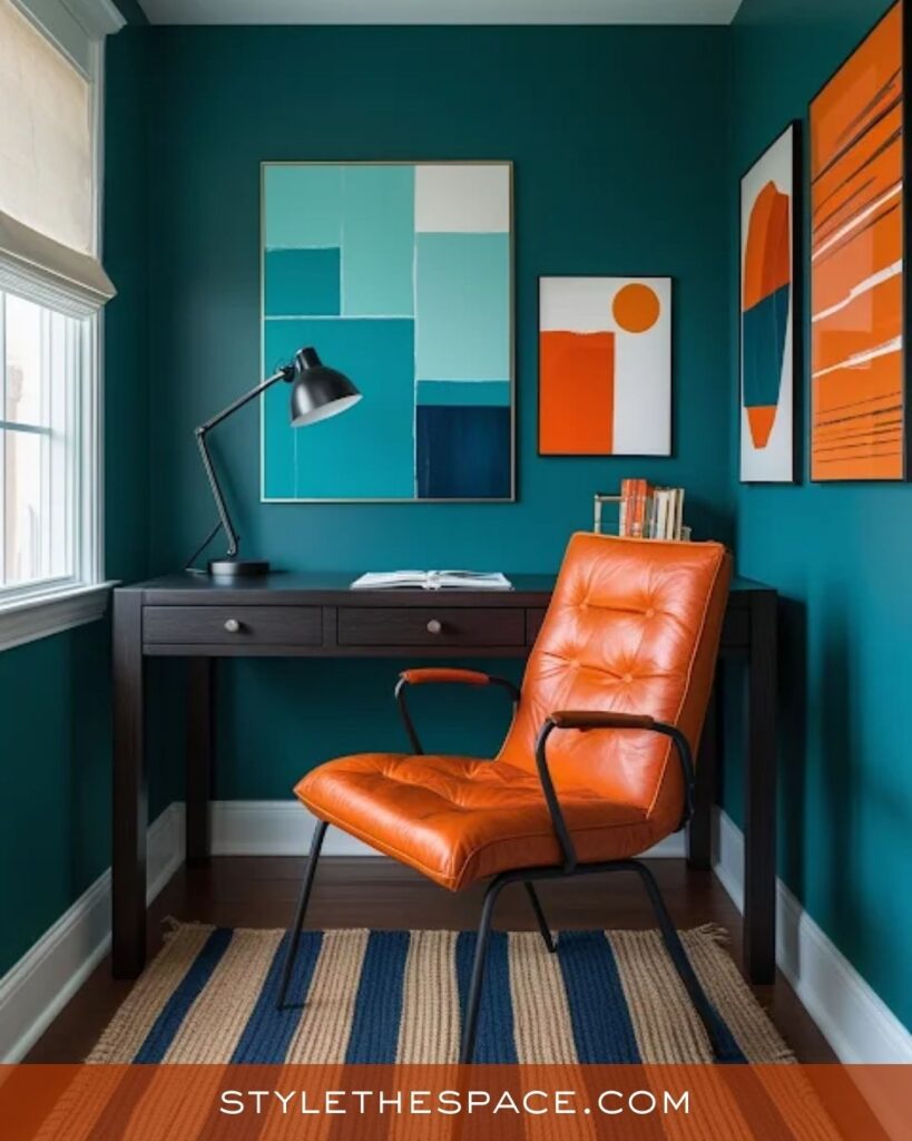 Bold Burnt Orange and Teal Home Office Contrast