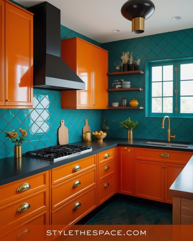 Teal and Burnt Orange Kitchen Design