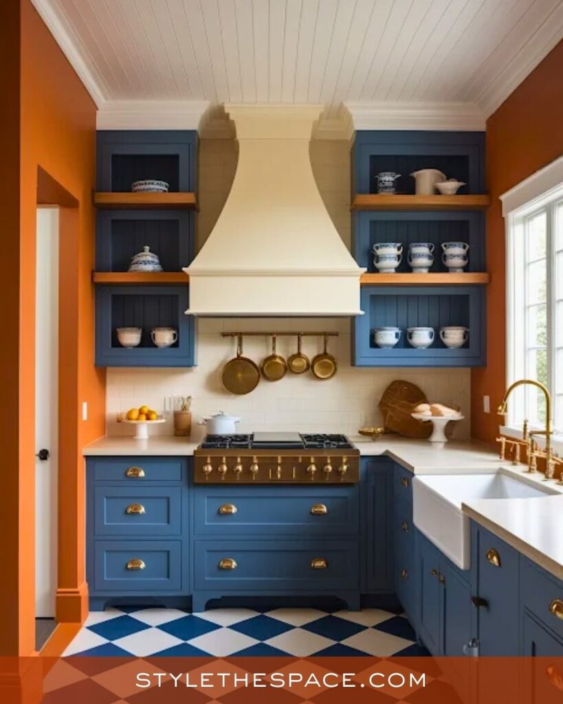 Bold Burnt Orange and Blue Kitchen Design