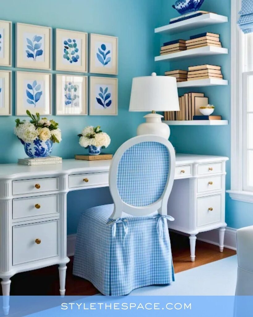 Feminine Home Office Inspiration with Calming Blue Tones