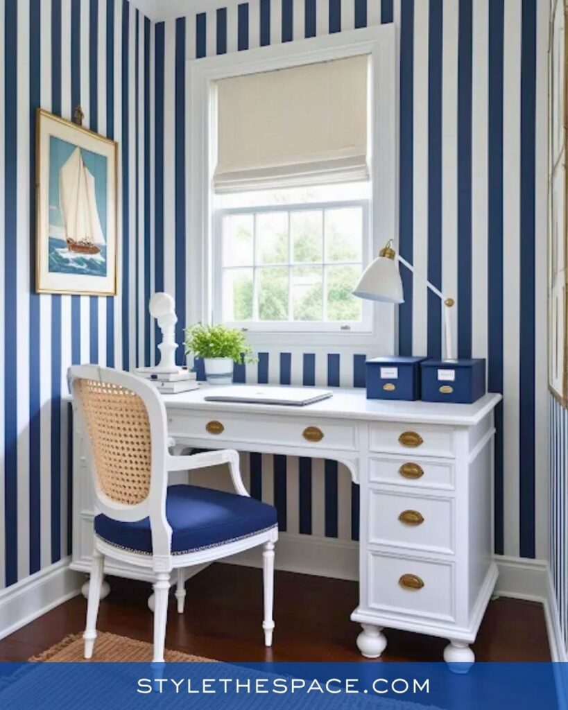 Nautical-Inspired Feminine Home Office in Navy Blue and White