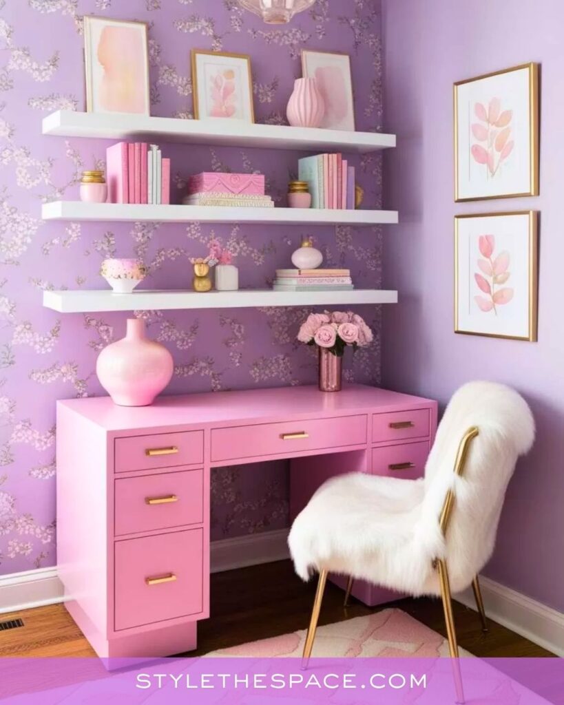 Chic Feminine Home Office in Pink and Lavender Tones