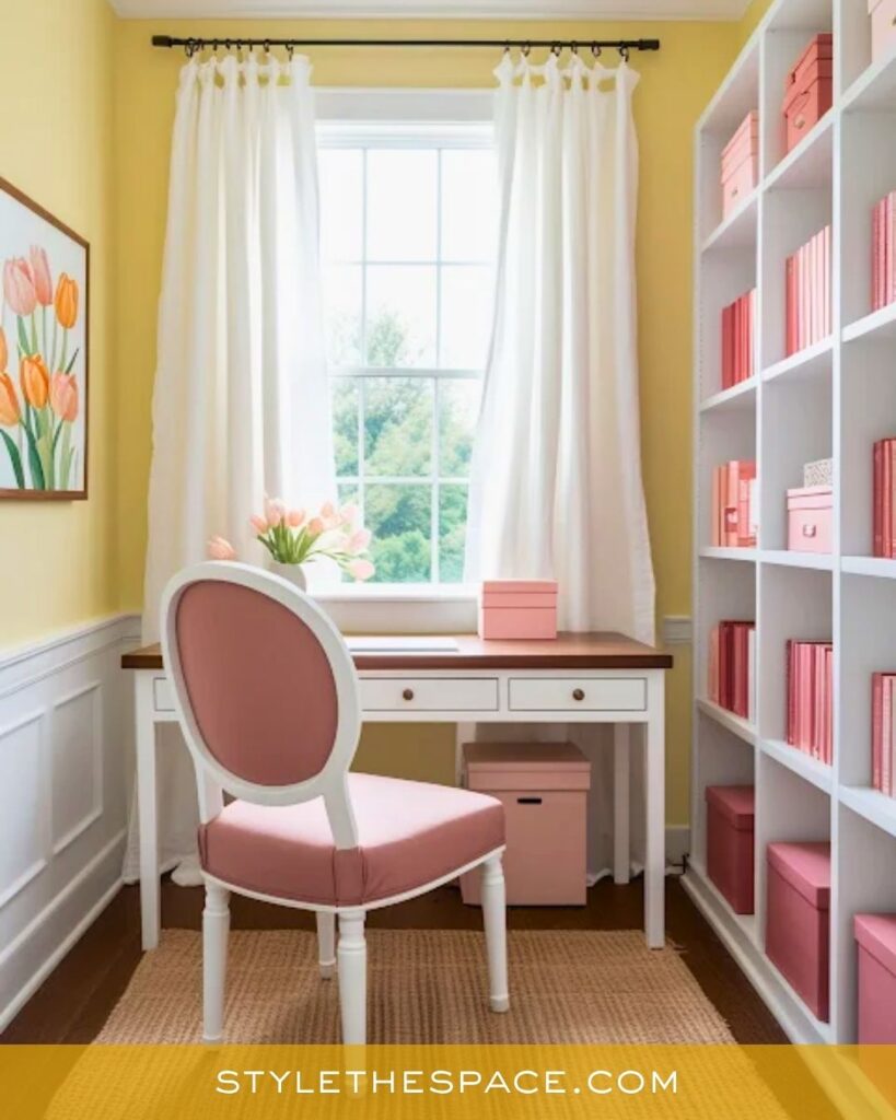 Soft Yellow and Blush Feminine Home Office Design