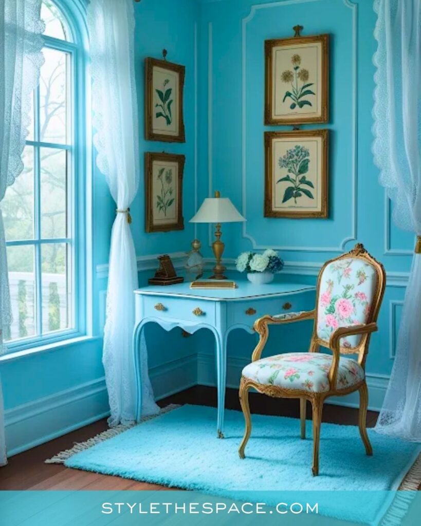 Vintage Blue Feminine Home Office with Floral Charm