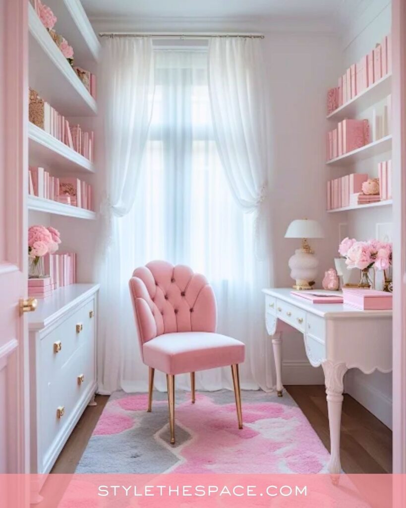 Soft Pink Feminine Home Office with Elegant Details