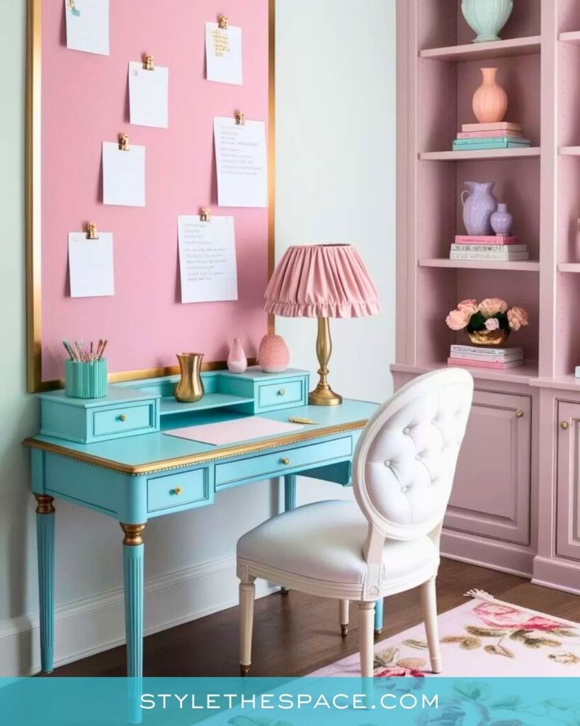 Pastel Blue and Pink Feminine Home Office with Vintage Charm