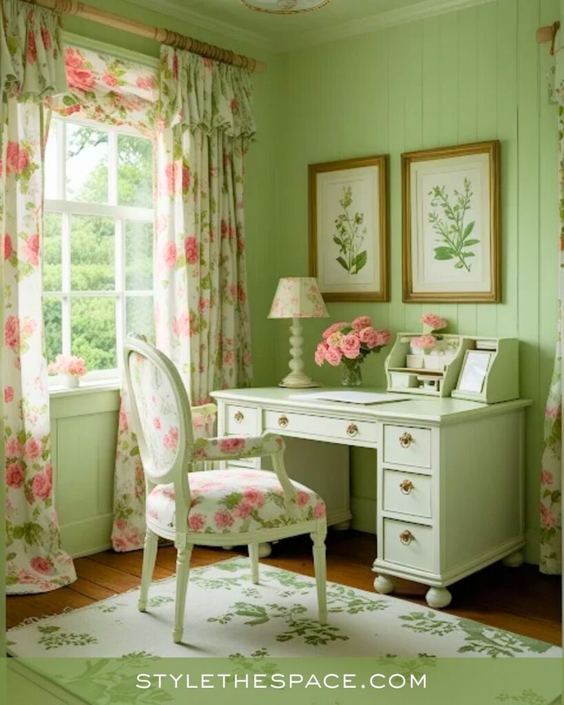 Pastel Green and Floral Feminine Home Office with Cottage Charm