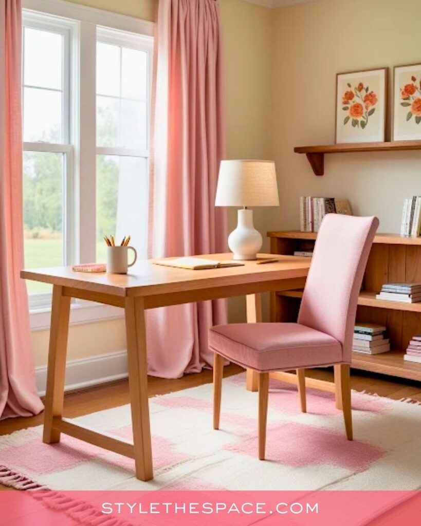 Warm Blush and Wood Feminine Home Office Design