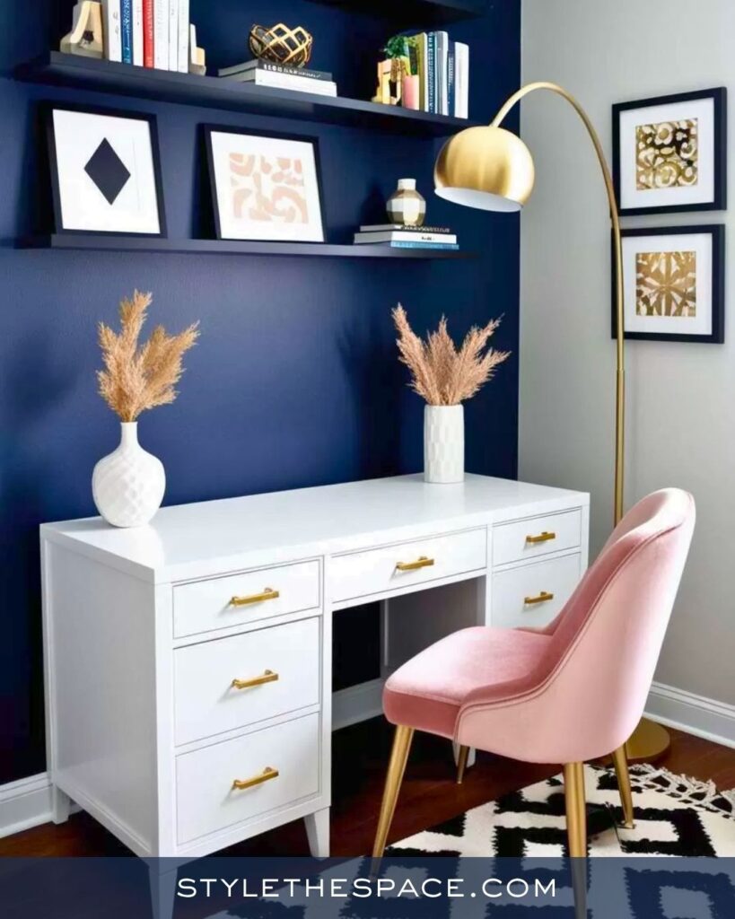 Navy and Blush Feminine Home Office with Gold Accents