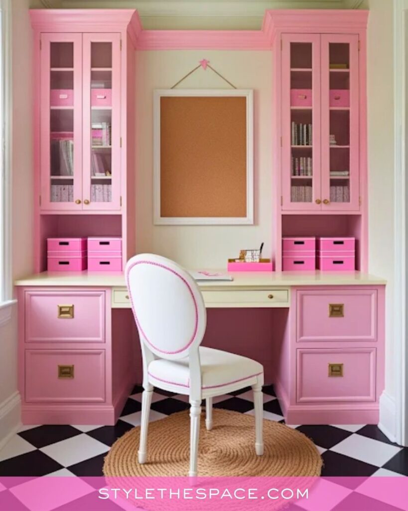 Playful Pink Feminine Home Office with Classic Charm