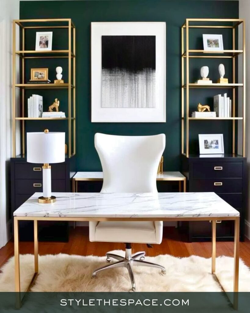 Modern Feminine Home Office with Deep Green and Gold Accents