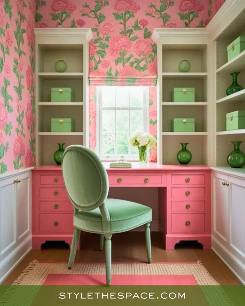 Chic Feminine Home Office in Pink and Green