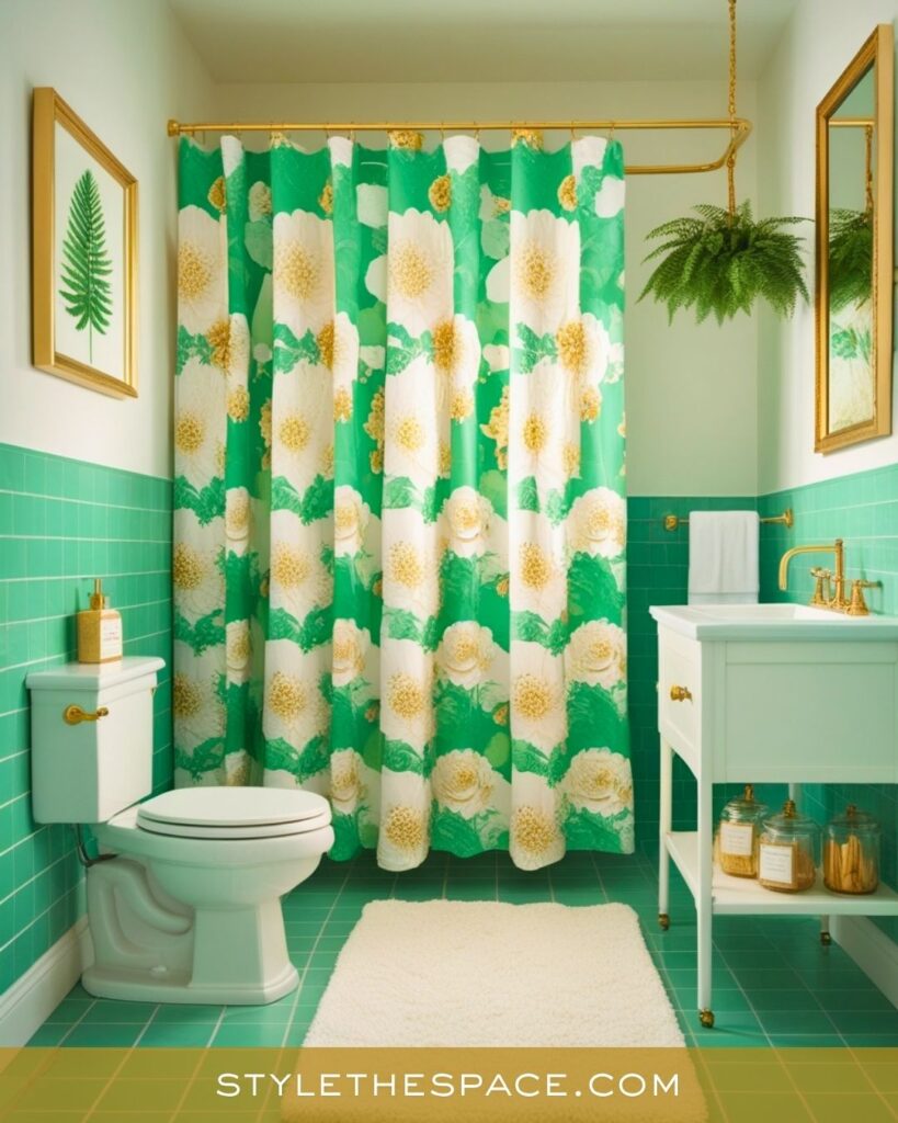 Fresh Green and Gold Bathroom with Floral Charm