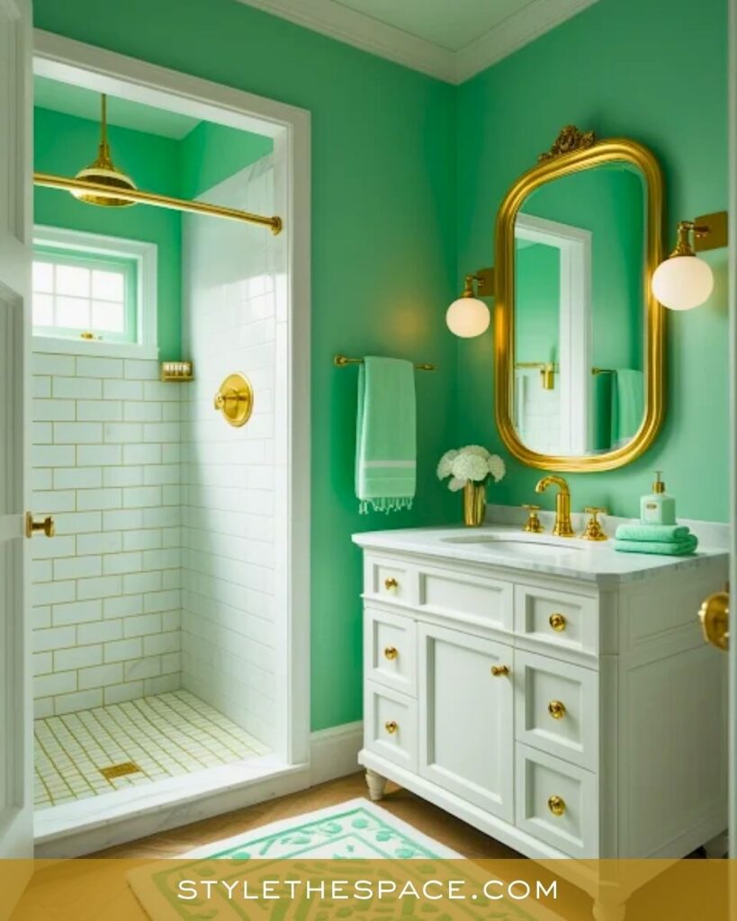 Vibrant Green and Gold Bathroom with Classic Elegance