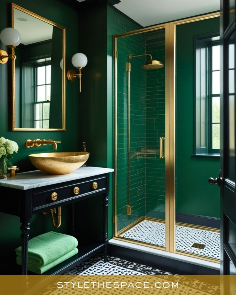 Dramatic Green and Gold Bathroom with Luxe Contrast