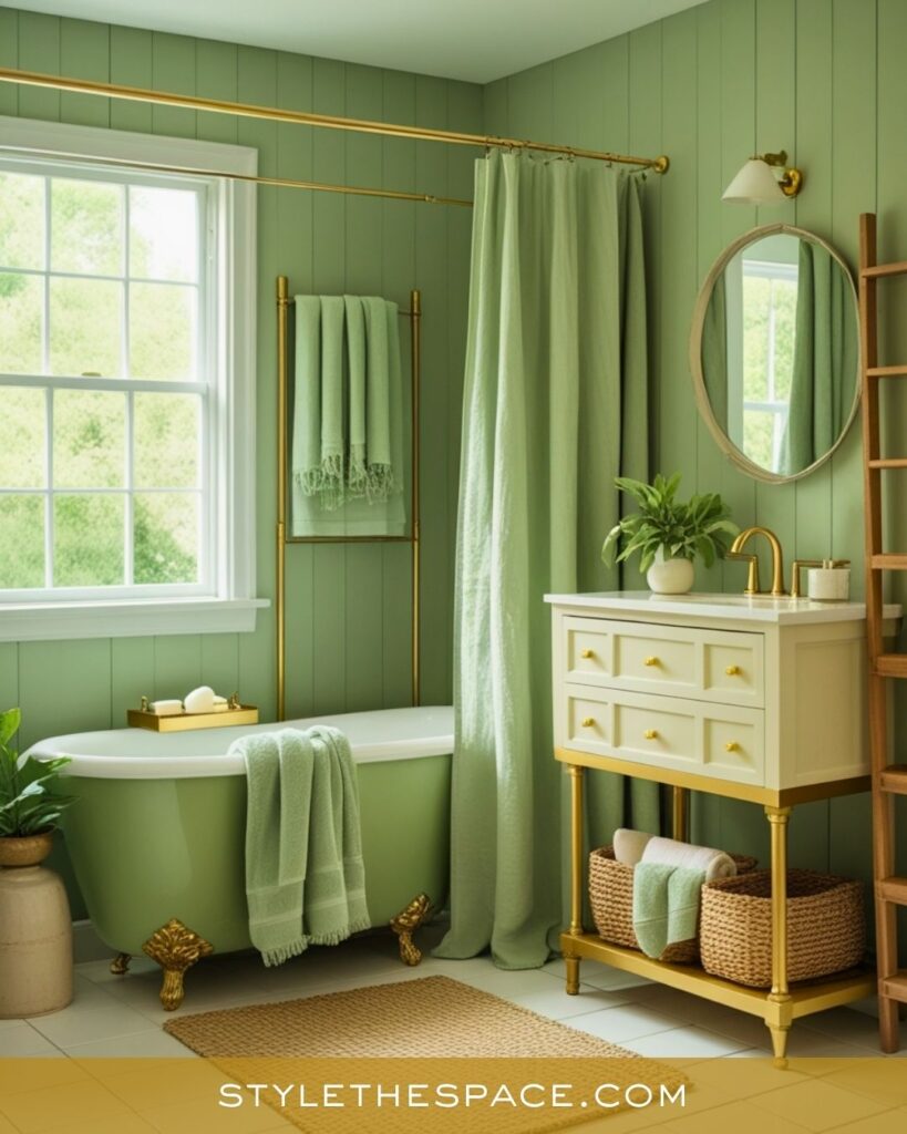 Soft Green and Gold Bathroom with Natural Warmth