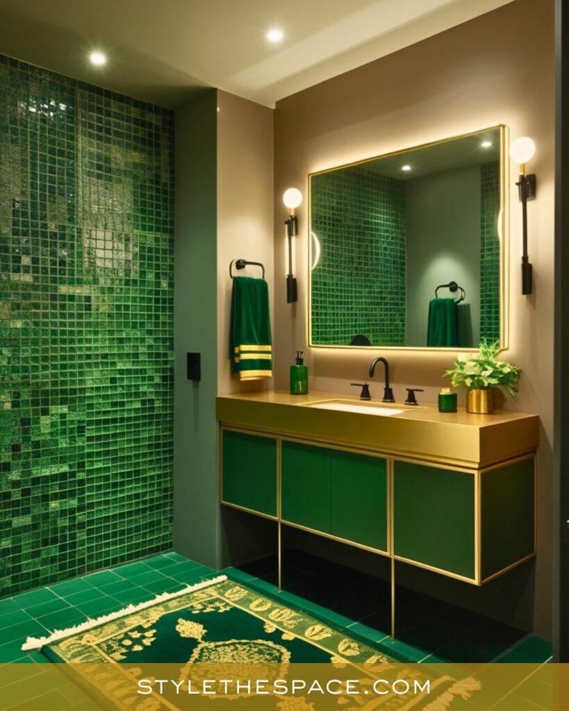 Modern Green and Gold Bathroom with Luxe Lighting