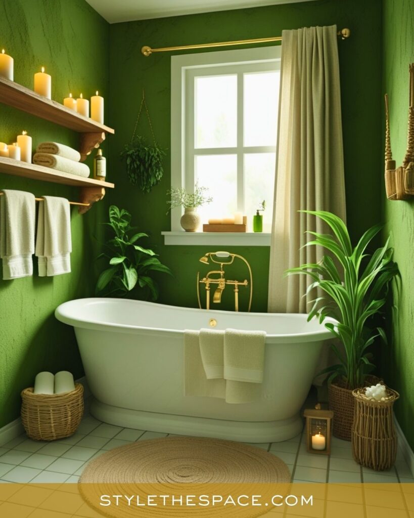 Earthy Green and Gold Bathroom with a Relaxing Glow
