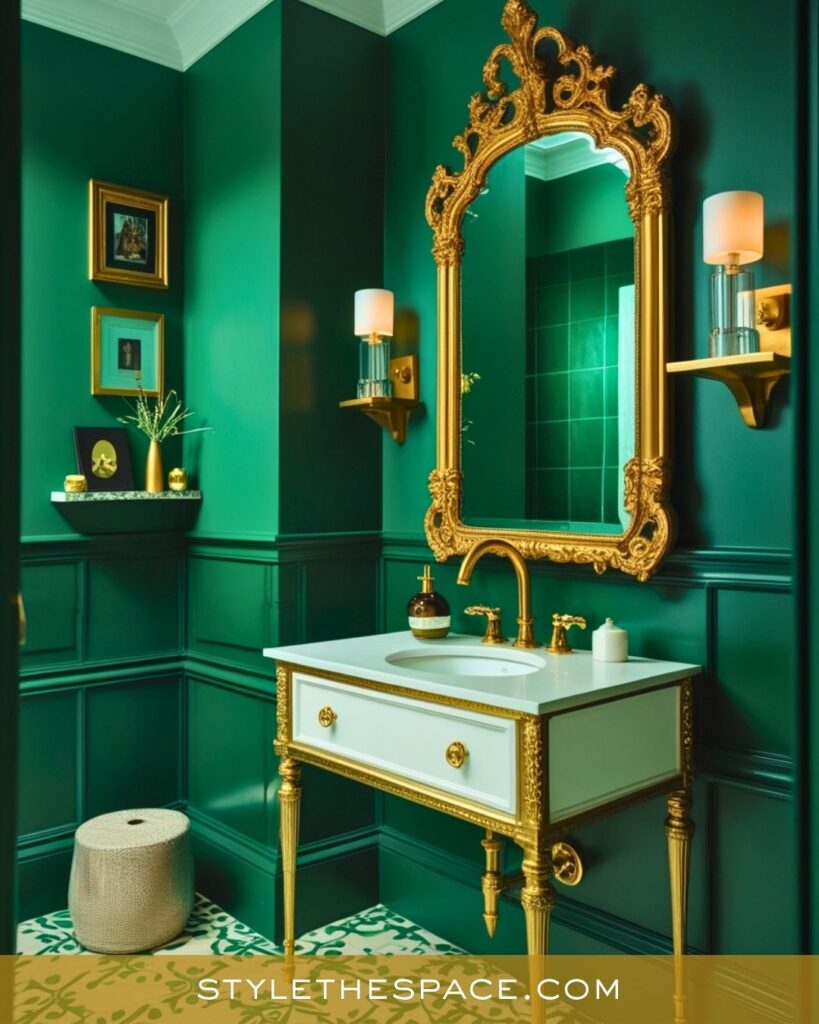 Regal Green and Gold Bathroom with Vintage Glamour