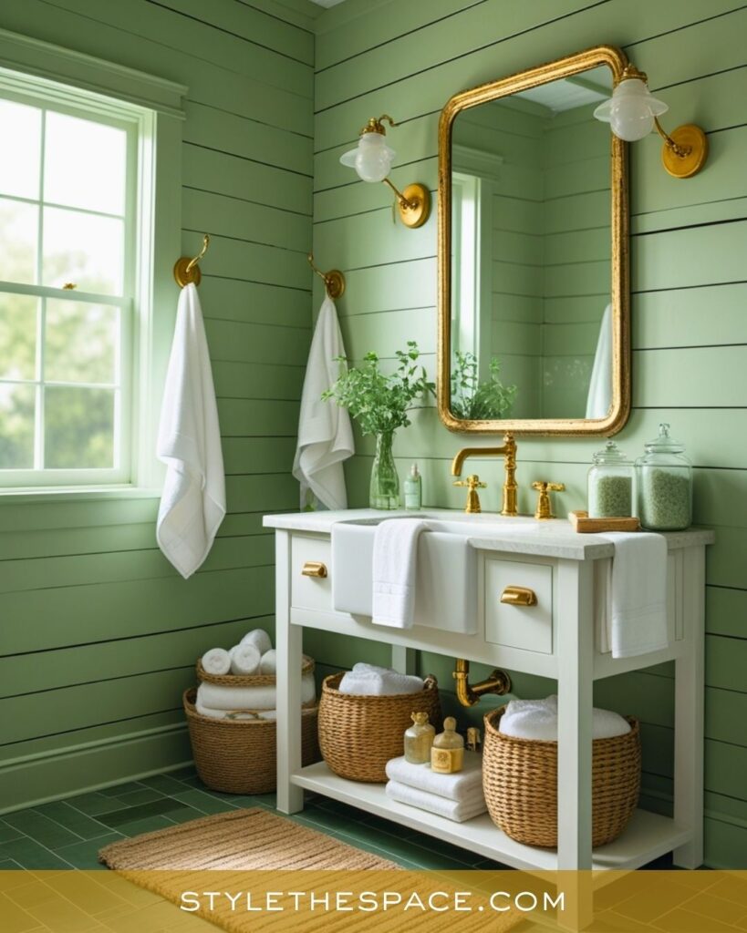 Soft Green and Gold Bathroom with Rustic Elegance