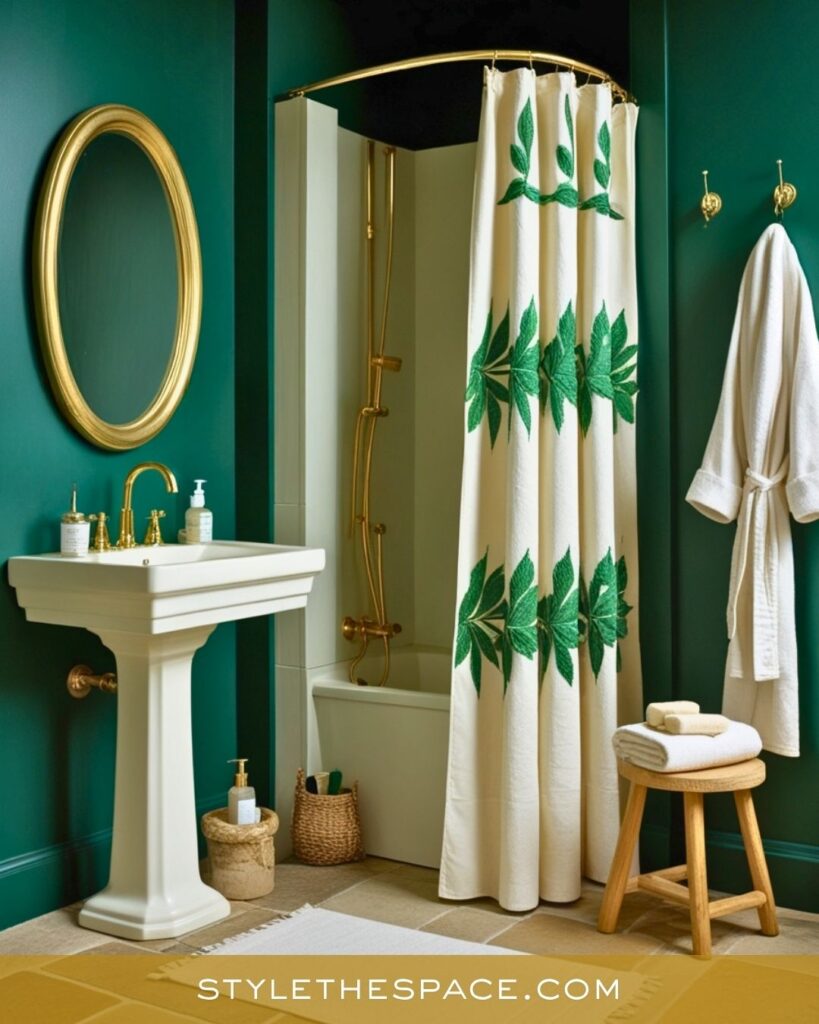 Deep Green and Gold Bathroom with Natural Accents